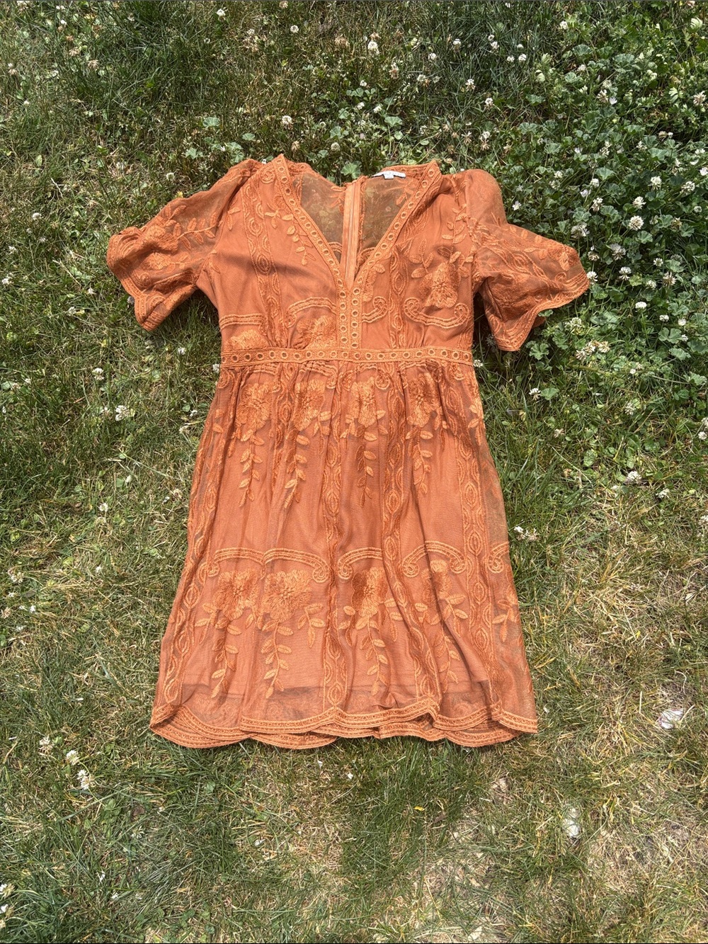 Embroidered Rust Orange V-Neck Dress